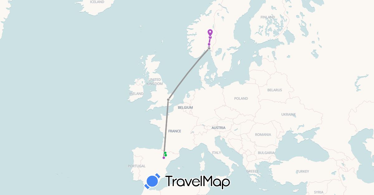 TravelMap itinerary: driving, bus, plane, train in Spain, United Kingdom, Norway (Europe)